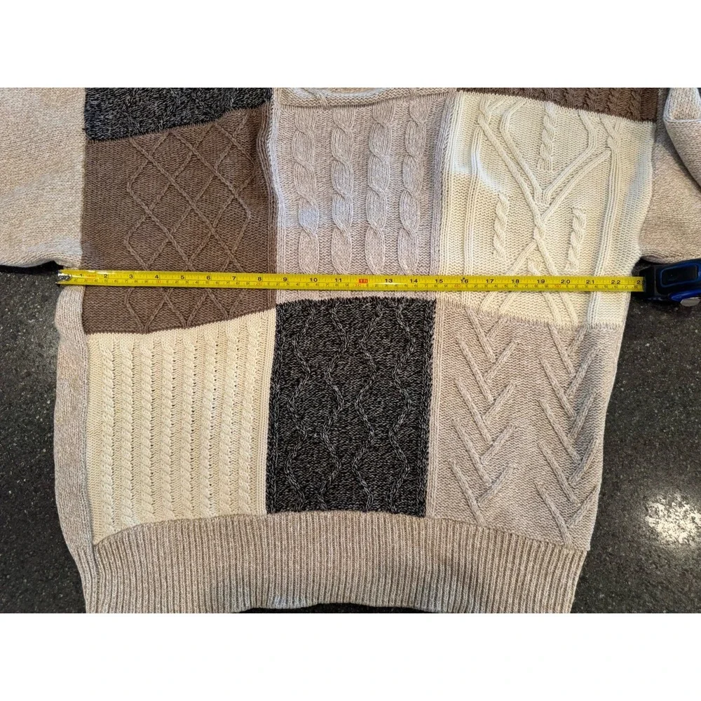 Orvis Mens Patchwork Sweater L Beige‎ Brown Gray Colorblock Cable Knit Crewneck